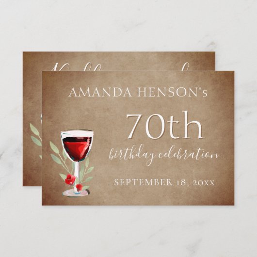 Cartons Réponse Verre rouge rustique 70e fête d'anniversaire (Devant / Derrière)