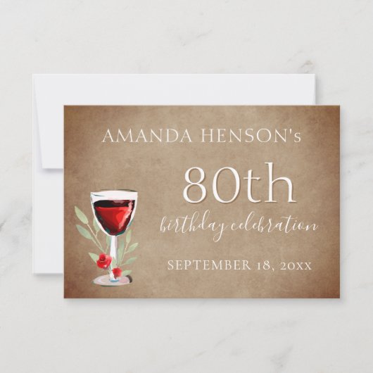 Cartons Réponse Verre rouge rustique 80e fête d'anniversaire (Devant)