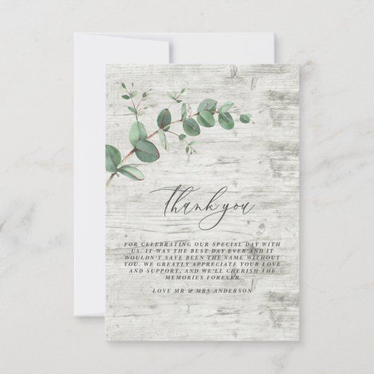 Cartons Réponse vert eucalyptus bois blanc mariage merci (Dos)
