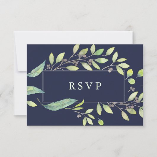 Cartons Réponse Vert feuilles | Mariage en Aquarelle bleu foncé RS (Devant)
