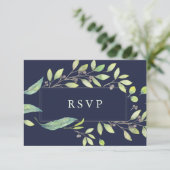 Cartons Réponse Vert feuilles | Mariage en Aquarelle bleu foncé RS (Debout devant)