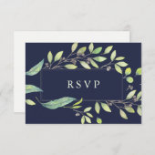 Cartons Réponse Vert feuilles | Mariage en Aquarelle bleu foncé RS (Devant / Derrière)