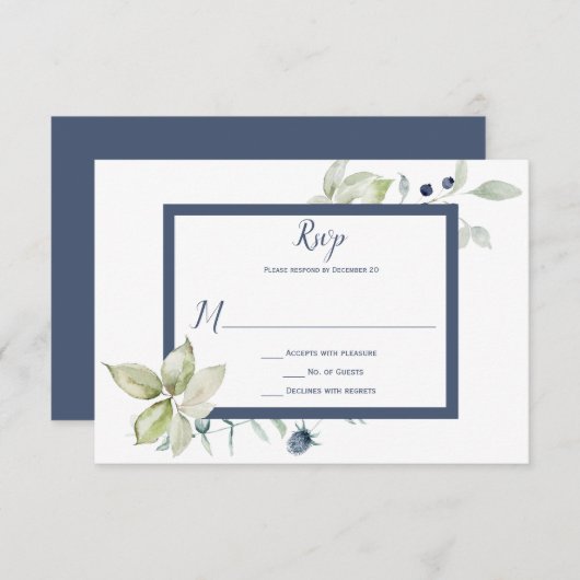 Cartons Réponse Vert Sage Bleu Duché encadré Hiver Floral (Devant / Derrière)