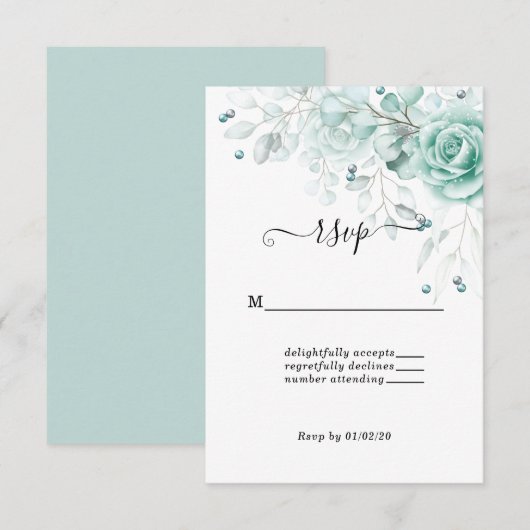 Cartons Réponse Vert sauge turquoise Mariage floral (Devant / Derrière)