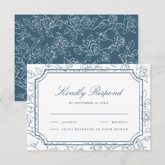Cartons Réponse Victorian Dusty Blue Floral Line Art Wedding (Devant / Derrière)