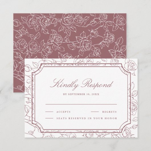 Cartons Réponse Victorian Dusty Rose Floral Line Art Wedding (Devant / Derrière)