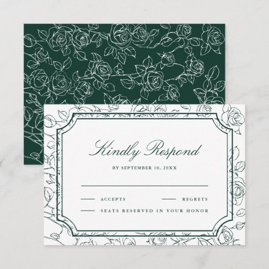 Cartons Réponse Victorian Emerald Green Floral Line Art Wedding (Devant / Derrière)