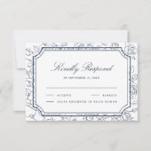 Cartons Réponse Victorian Navy Blue Floral Line Art Wedding (Devant)