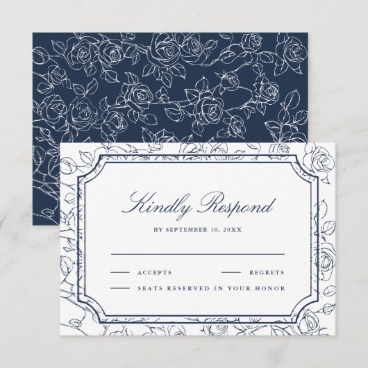 Cartons Réponse Victorian Navy Blue Floral Line Art Wedding (Devant / Derrière)