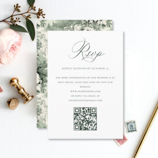 Cartons Réponse Victorian Ornate Grace Floral Sage QR code Mariage