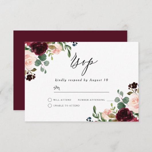 Cartons Réponse Vin rouge bourguignon & Blush Mariage moderne (Devant / Derrière)
