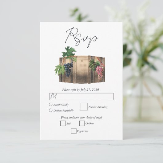 Cartons Réponse Vin rustique Barrel Vignoble Mariage (Debout devant)