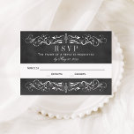 Cartons Réponse Vintage Black Chalkboard Mariage<br><div class="desc">Des tourbillons décoratifs et des fleurs encadrent cette élégante carte de réponse mariage d'inspiration vintage. Texte et design blanc sur arrière - plan noir avec aspect texturé de tableau noir. Personnalisez avec votre date d'échéance de réponse personnalisée.</div>