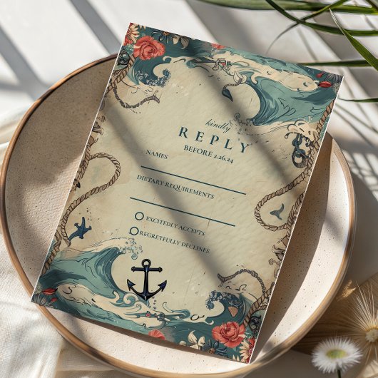 Cartons Réponse Vintage Nautical Waves & Rope Wedding