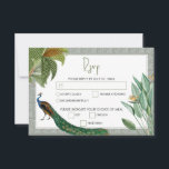 Cartons Réponse Vintage Peacock Feather Tropical Greenery Mariage<br><div class="desc">Un design vintage d'oiseau paon avec verdure tropicale et motif damassé arrière - plan. Ce design est idéal pour toutes les saisons. Un design aquarelle élégant dans un thème contemporain. Une carte de réponse RSVP mariage classe avec des plumes de paon glorieuses et des éléments modernes. Des articles de papeterie...</div>