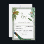 Cartons Réponse Vintage Peacock Feather Tropical Greenery Mariage<br><div class="desc">Un design vintage d'oiseau paon avec verdure tropicale et motif damassé arrière - plan. Ce design est idéal pour toutes les saisons. Un design aquarelle élégant dans un thème contemporain. Une carte de réponse RSVP mariage classe avec des plumes de paon glorieuses et des éléments modernes. Des articles de papeterie...</div>