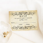 Cartons Réponse Vintage Rustic Black Flourish Mariage<br><div class="desc">Des tourbillons et des fleurs noirs décoratifs encadrent cette élégante carte de réponse mariage d'inspiration vintage. L'arrière - plan d'ivoire rustique est imprimé avec une texture de papier parchemin vieilli. Personnalisez le texte RSVP personnalisé avec votre date d'échéance de réponse.</div>