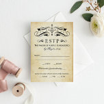 Cartons Réponse Vintage Rustic Black Flourish Mariage<br><div class="desc">Des tourbillons décoratifs et des fleurs encadrent cette élégante carte de réponse mariage d'inspiration vintage. Style arrière - plan rustique à texture antique avec design noir. Personnalisez le texte RSVP personnalisé avec votre date d'échéance de réponse. Cette version inclut des options de dîner listées afin que les clients puissent commencer...</div>