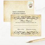 Cartons Réponse Vintage Rustic Black Flourish Mariage<br><div class="desc">Des tourbillons et des fioritures décoratifs noirs encadrent cette élégante carte postale mariage d'inspiration vintage, conçue pour deux noms d'hôtes. L'arrière - plan d'ivoire rustique est imprimé avec une texture de papier parchemin vieilli. Personnalisez le texte RSVP personnalisé avec votre date d'échéance de réponse. Inclure une adresse de réponse au...</div>