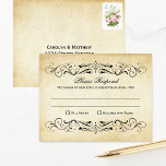 Cartons Réponse Vintage Rustic Black Flourish Mariage<br><div class="desc">Des tourbillons et des fioritures décoratifs noirs encadrent cette élégante carte postale mariage d'inspiration vintage, conçue pour deux noms d'hôtes. L'arrière - plan d'ivoire rustique est imprimé avec une texture de papier parchemin vieilli. Personnalisez le texte RSVP personnalisé avec votre date d'échéance de réponse. Inclure une adresse de réponse au...</div>