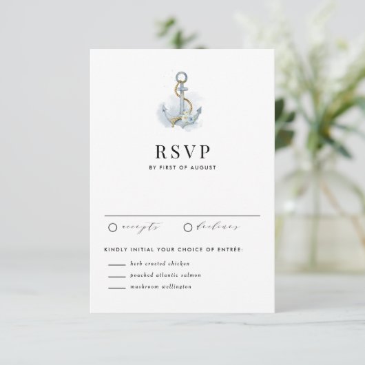 Cartons Réponse Watercolor Blue Floral Anchor Nautical Wedding (Debout devant)