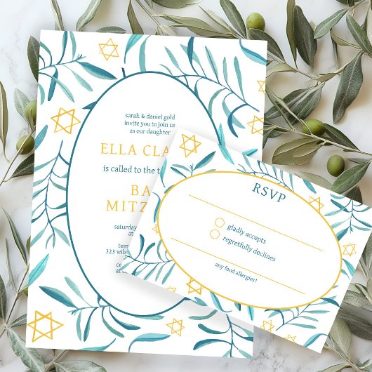 Cartons Réponse Watercolor Botanical Star David Bar Bat Mitzvah