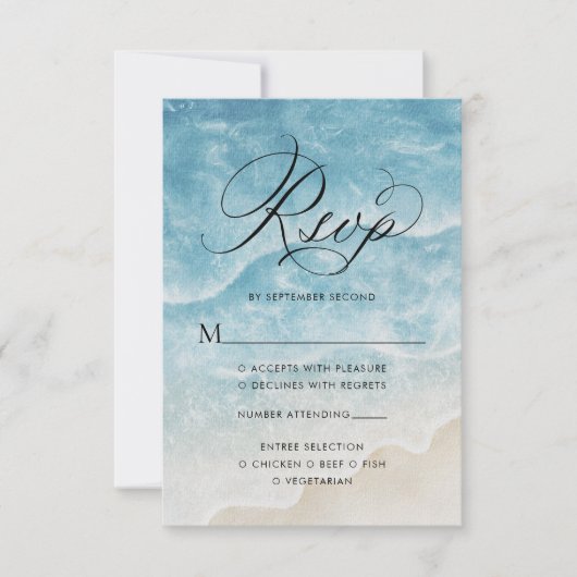 Cartons Réponse Watercolor Ocean Beach Élégant Mariage de script (Devant)