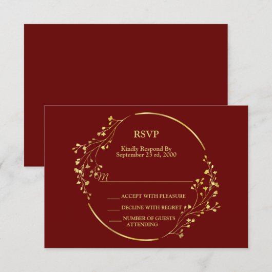 Cartons Réponse Wedding Golden Floral Geometric Wreath Red (Devant / Derrière)