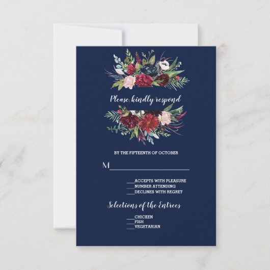 Cartons Réponse Whimsical Burgundy Blush Flowers Mariage bleu mari (Devant)