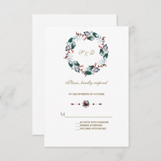 Cartons Réponse Whimsical Winter Holy Berries Wreath Mariage (Devant / Derrière)