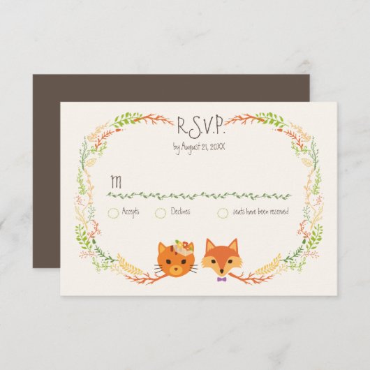 Cartons Réponse Whimsical Woodland Chat & Renard Mariage Couple RS (Devant / Derrière)