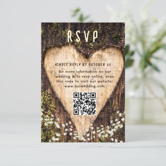 Cartons Réponse Wood Bark Heart Rustic Mariage code QR (Debout devant)