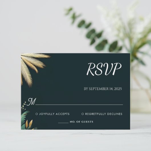 Cartons Réponse Wreath Turquoise Palm Beach Mariage Vert Et Or (Debout devant)