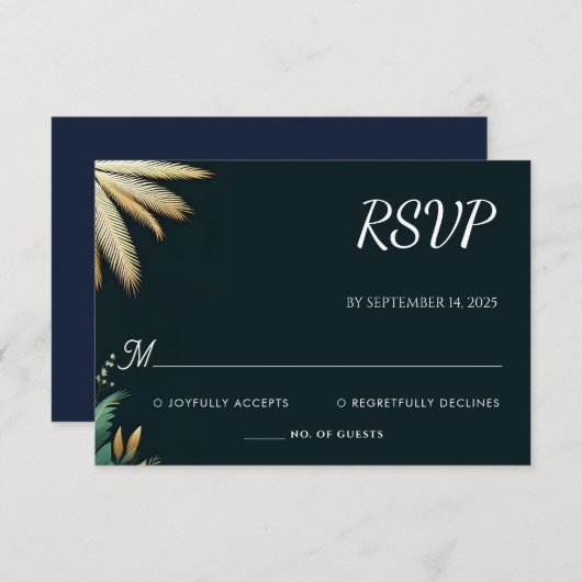 Cartons Réponse Wreath Turquoise Palm Beach Mariage Vert Et Or (Devant / Derrière)