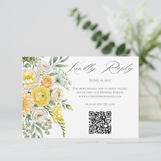 Cartons Réponse Yellow Peach Sage Green Floral Wedding Website QR (Debout devant)