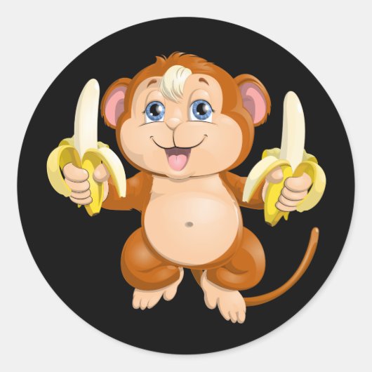 Cartoon aap met bananen ronde sticker (Voorkant)