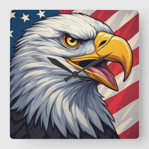 Cartoon Adelaar met Amerikaanse Vlag Patriottisch  Vierkante Klok