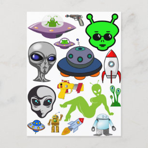 Cartoon Aliens Grays UFO Art Collage sheet Briefkaart