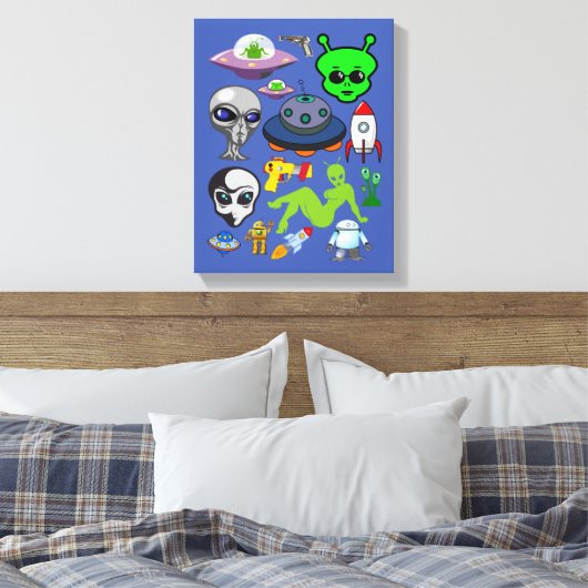 Cartoon Aliens Grays UFO Art Collage sheet Canvas Afdruk (Insitu (Slaapkamer))
