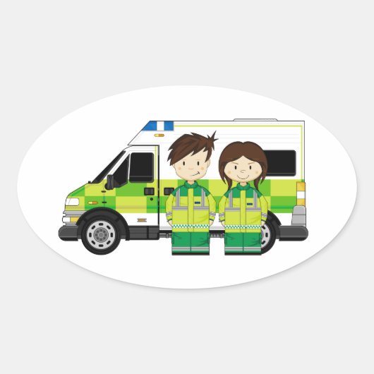 Cartoon Ambulance en EMT's Ovale Sticker (Voorkant)