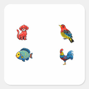 Cartoon Animals 4 Pack Dot Polka Style Vierkante Sticker