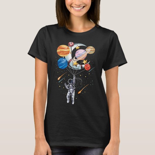 Cartoon Astronaut Space Balloon Planets T-shirt (Voorkant)