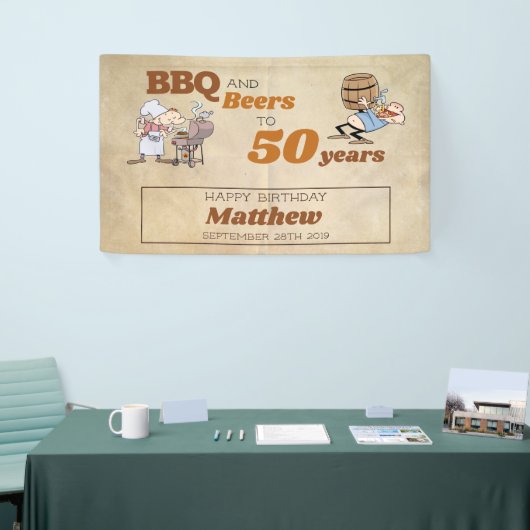 Cartoon BBQ en bieren 50e verjaardag rustiek thema Spandoek (Beurs)