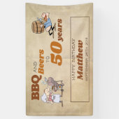Cartoon BBQ en bieren 50e verjaardag rustiek thema Spandoek (Verticaal)