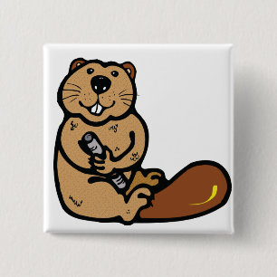 Cartoon Beaver voor Internationale Beaver Dag Vierkante Button 5,1 Cm