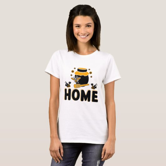 Cartoon Bee en Honey Jar "HOME" T-shirt (Voorkant volledig)