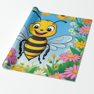 Cartoon bij kleurrijke bloemen cadeaupapier