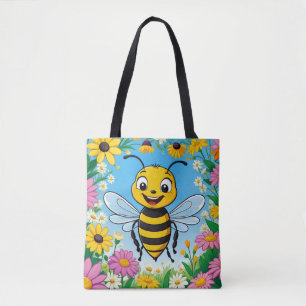 Cartoon bij kleurrijke bloemen draagtas