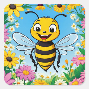Cartoon bij kleurrijke bloemen vierkante sticker