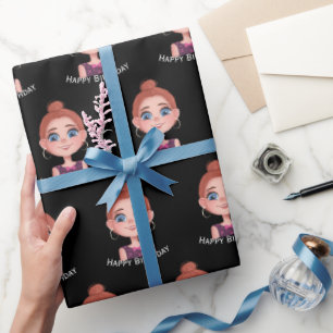Cartoon Birthday Girl met Big Eyes Cadeaupapier